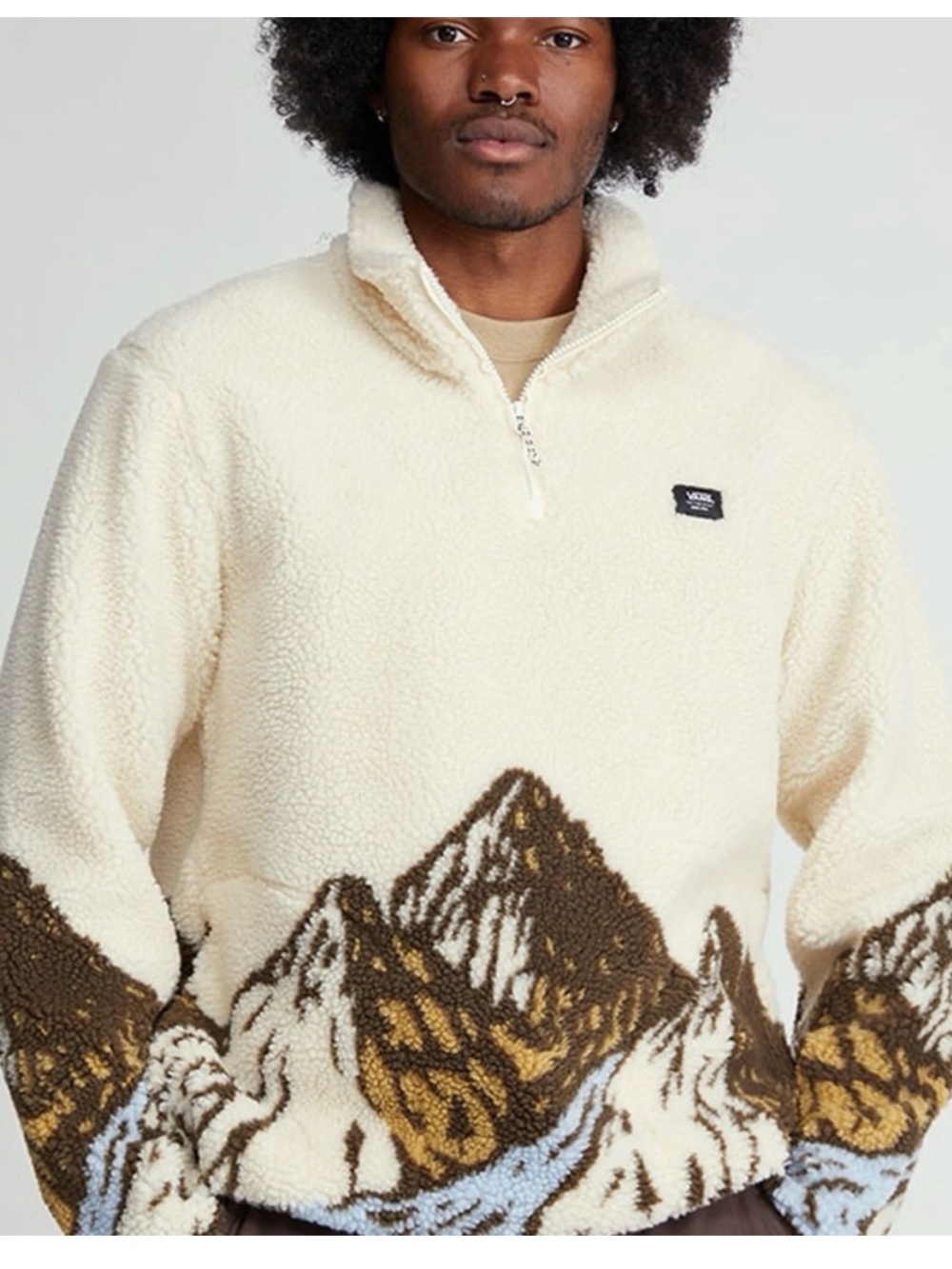 Men's Cream Mountain-Pattern Sherpa Half-Zip Sweater